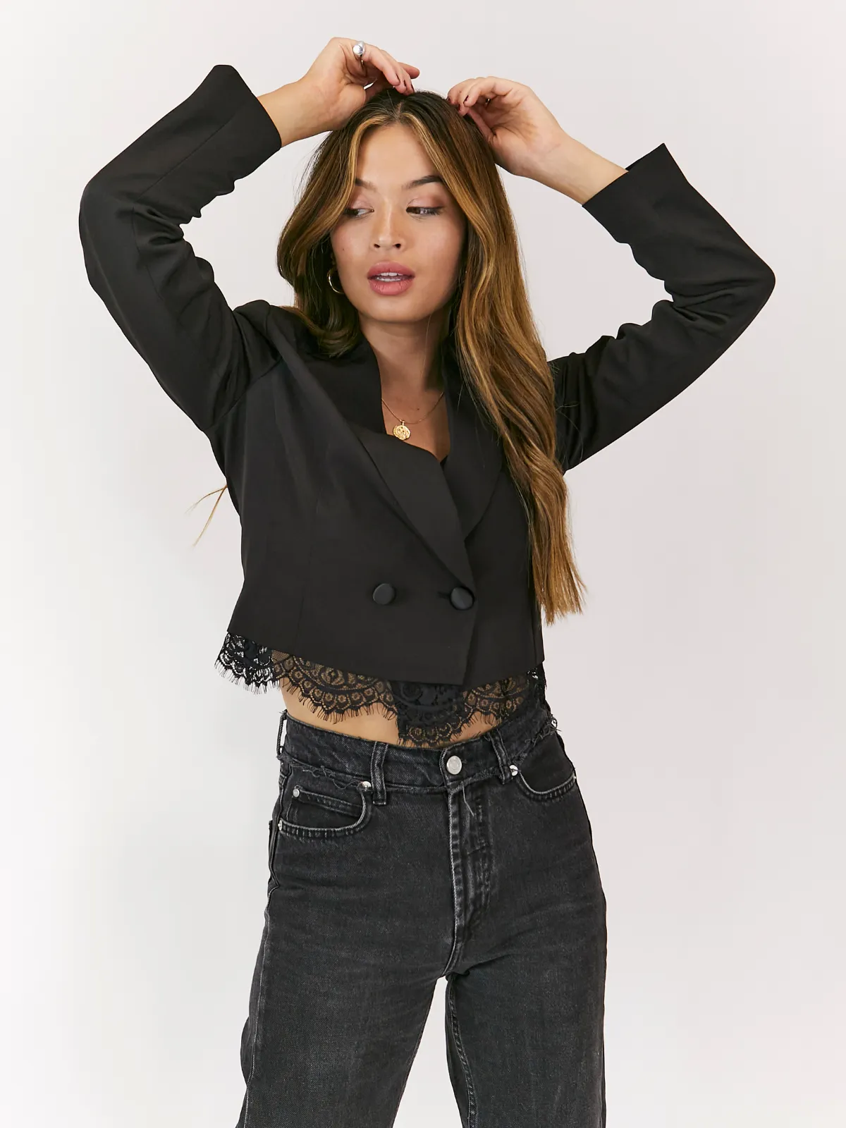 Rosie Black Cropped Lace Detail Blazer