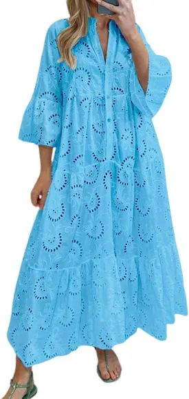 Ru Sweet Womens Elegant Lace Embroidered Eyelet Maxi Dress V-Neck Trumpet Sleeve Ruffle Boho Flowy Swing Dress