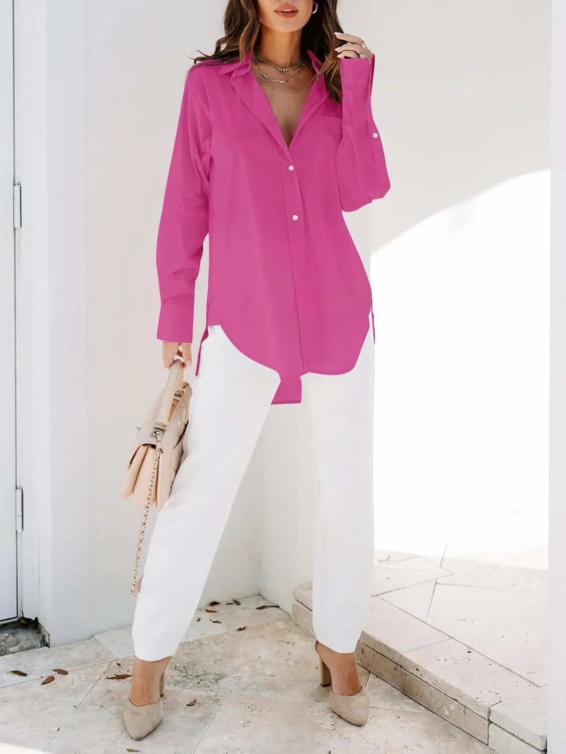 siliteelon Womens Button Down Shirts Dress Shirts Long Sleeve Blouses V Neck Solid Casual Tunics Tops with Pockets