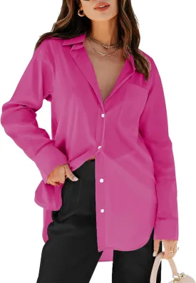 siliteelon Womens Button Down Shirts Dress Shirts Long Sleeve Blouses V Neck Solid Casual Tunics Tops with Pockets