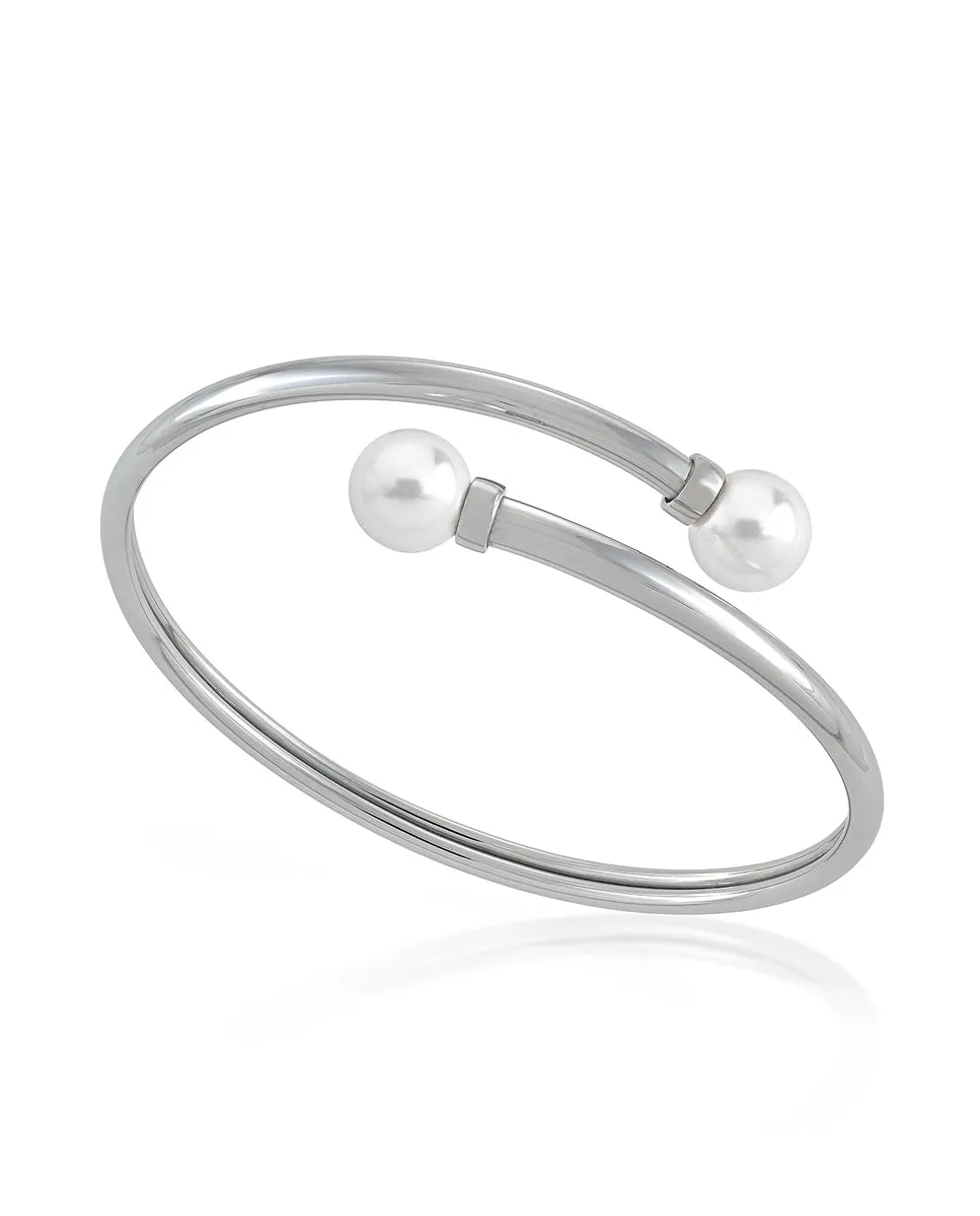 Steel Bangle Bracelet for Women with Organic Pearls, 9mm Oval White Pearl, 23" Diameter, Galatea Collection