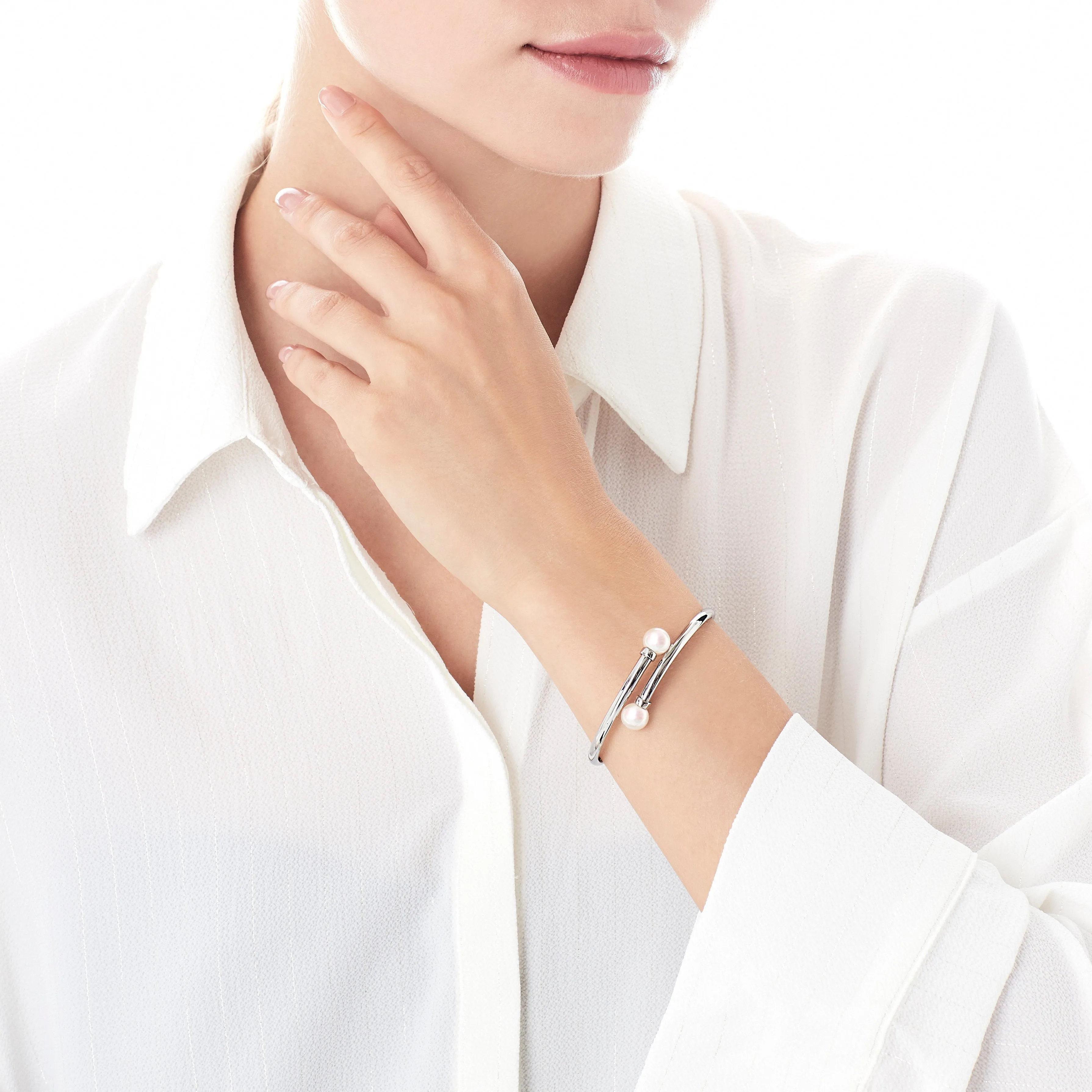 Steel Bangle Bracelet for Women with Organic Pearls, 9mm Oval White Pearl, 23" Diameter, Galatea Collection