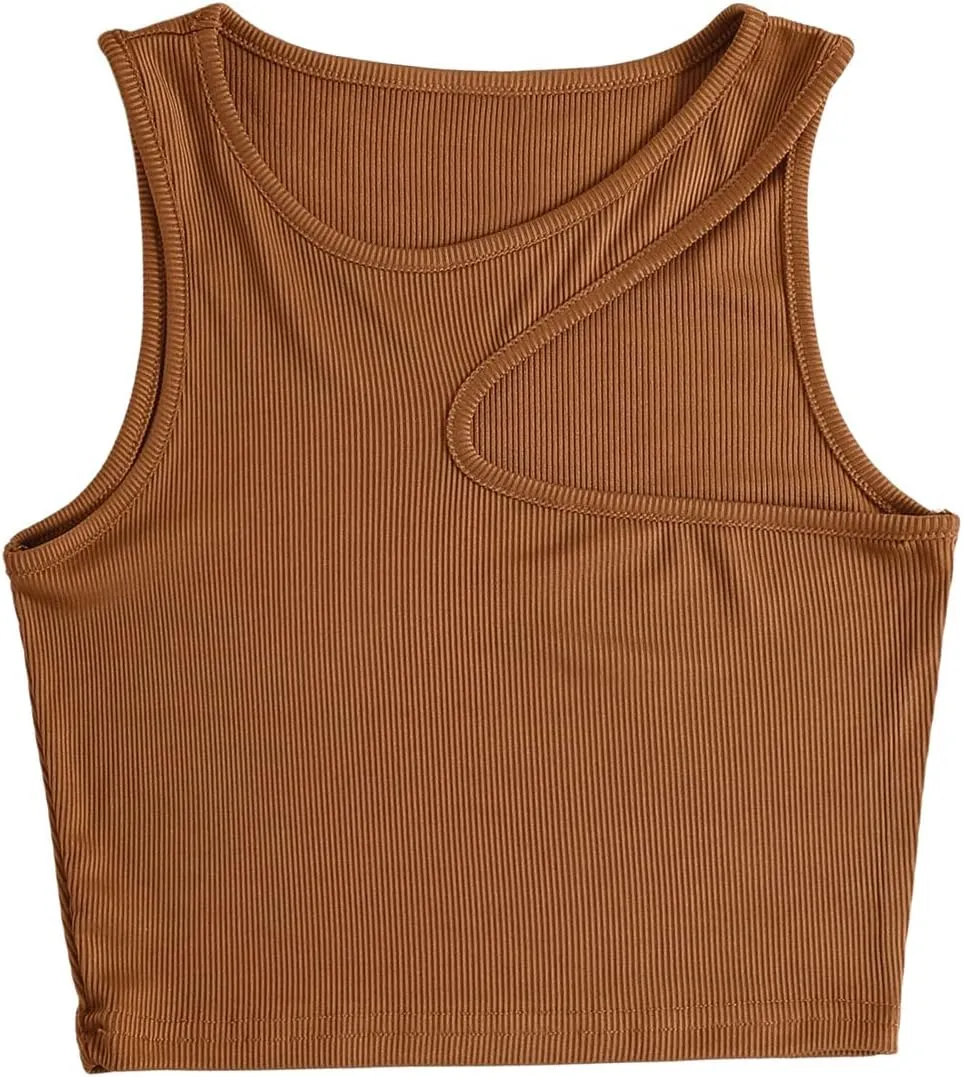 SweatyRocks Women's Sleeveless Asymmetrical Cut Out Top Round Neck Ribbed Knit Crop Tank Tops