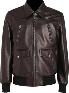 TIPTOP Shirt Style Bomber Jacket For Men Genuine Leather Flap Pockets Regular And Plus Size Black