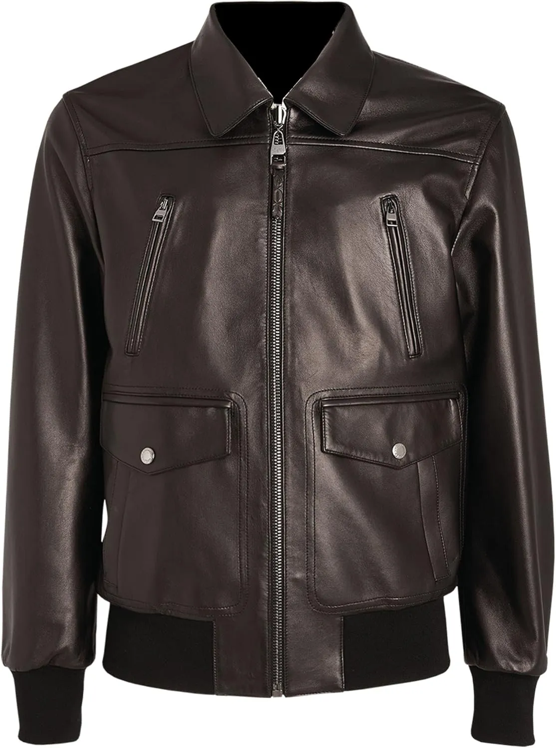 TIPTOP Shirt Style Bomber Jacket For Men Genuine Leather Flap Pockets Regular And Plus Size Black