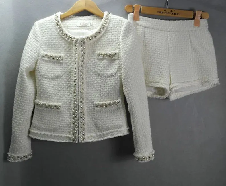 White Tweed Suit Pearls Decoration Tweed Jacket   Long / Short Skirt / Trousers Pants Shorts