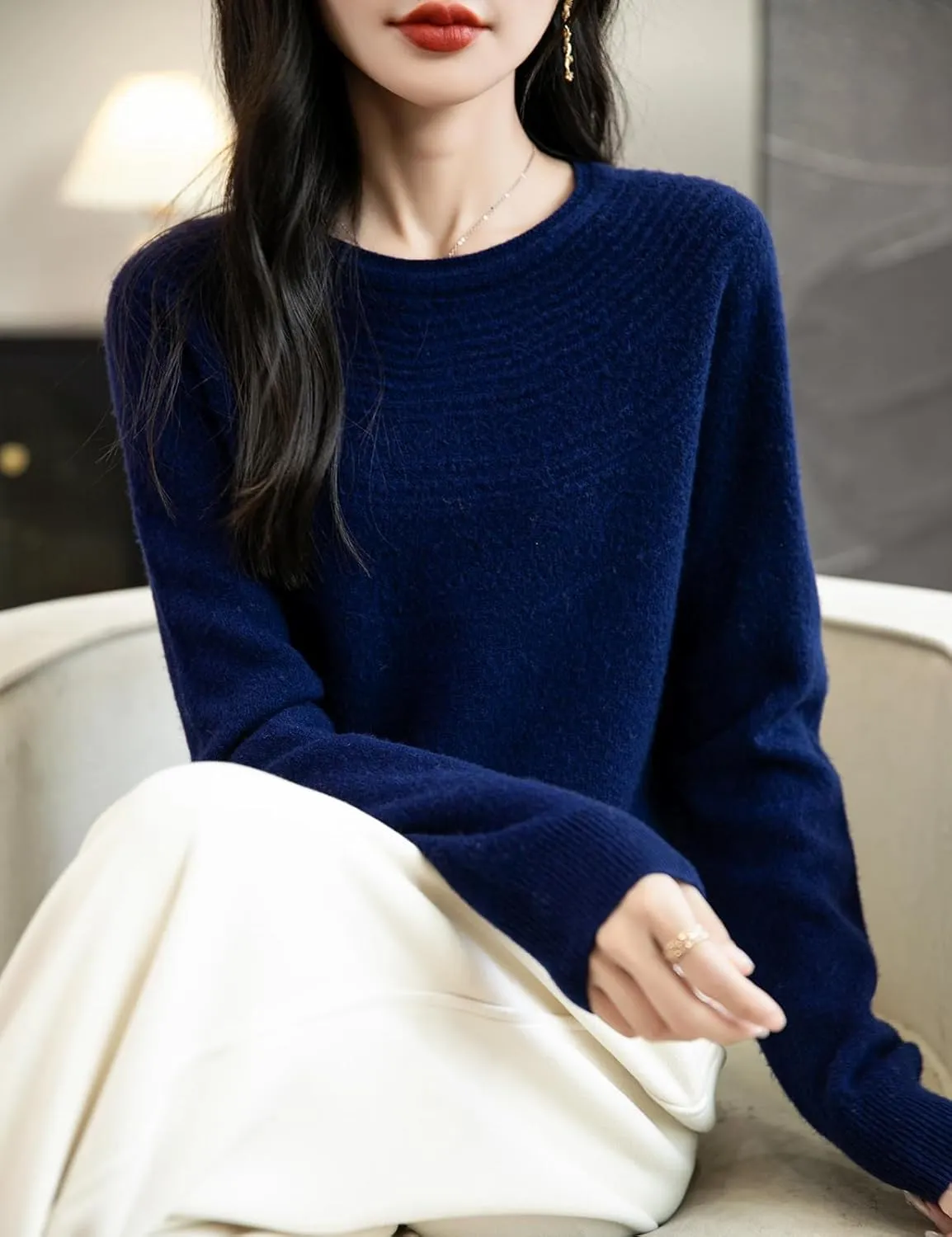 Women's 100% Merino Wool 2025 Fall Winter Crewneck First-Line Ready to Wear Long Sleeve Seamless Knit Sweater