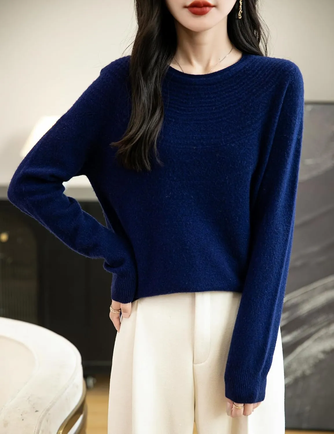 Women's 100% Merino Wool 2025 Fall Winter Crewneck First-Line Ready to Wear Long Sleeve Seamless Knit Sweater