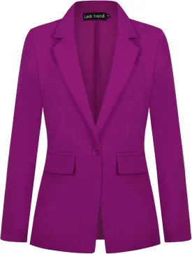 Womens Blazer One Button Jacket Suits Notched Lapel Casual Work Office Long Sleeve Blazer with Pockets