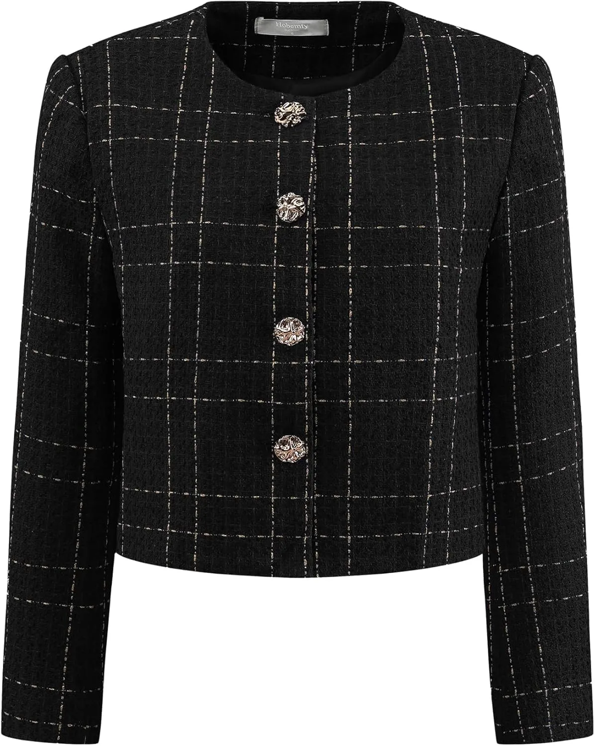 Women's Collarless Blazer Plaid Button Front Crop Tweed Jacket