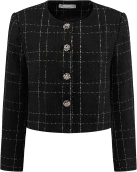 Women's Collarless Blazer Plaid Button Front Crop Tweed Jacket