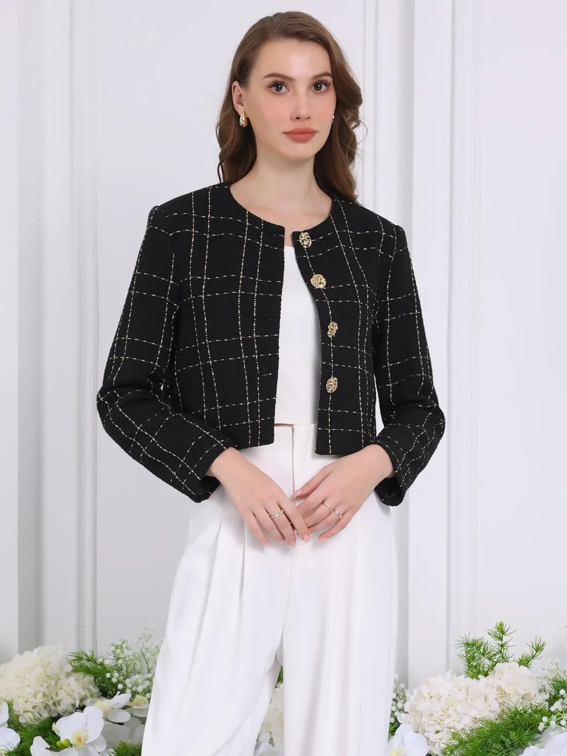 Women's Collarless Blazer Plaid Button Front Crop Tweed Jacket