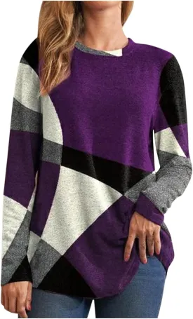 Womens Long Sleeve Tops Casual Women's Long Sleeve Crewneck Trendy Fleece Contrast Loose Fitting Casual Tunic Top Blouse