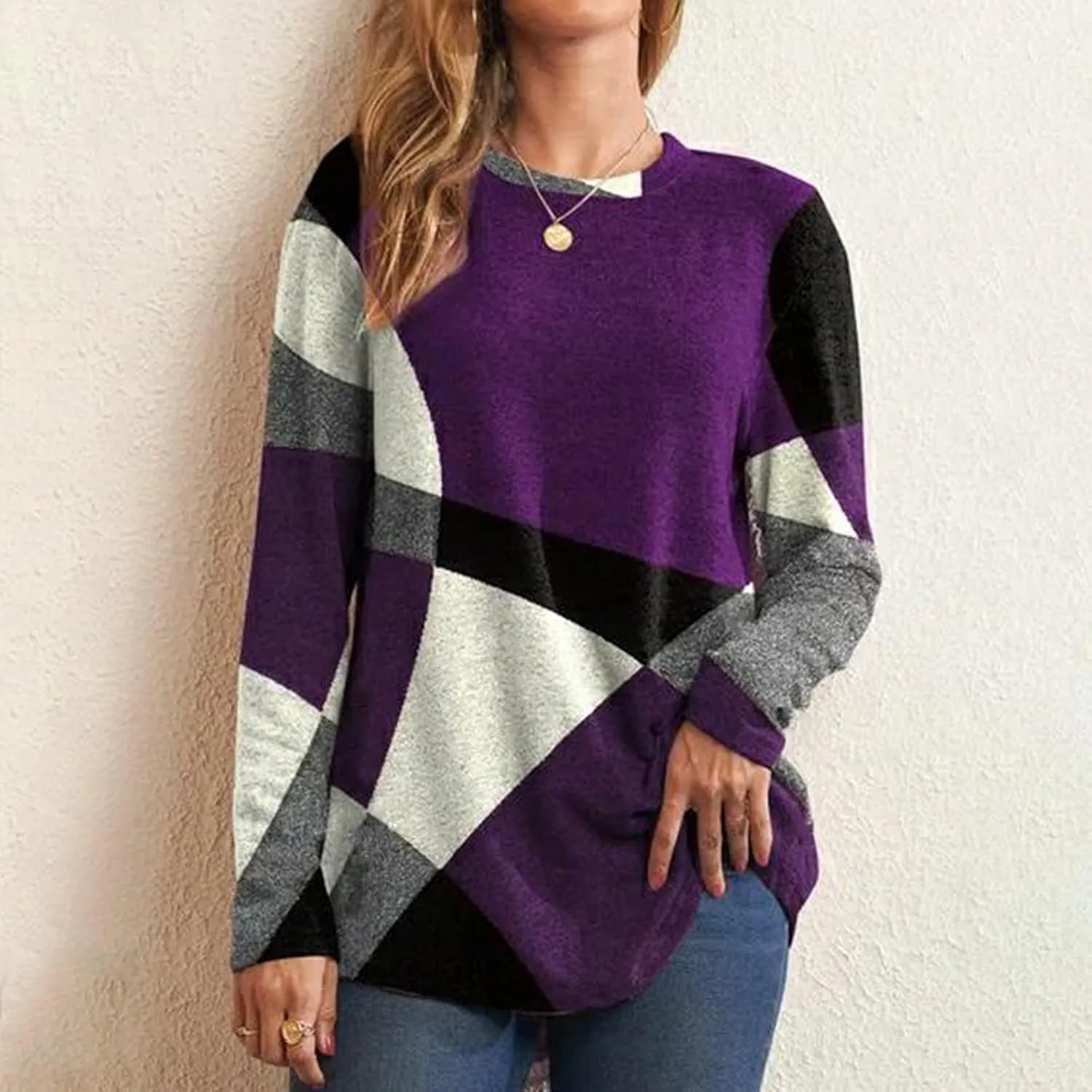 Womens Long Sleeve Tops Casual Women's Long Sleeve Crewneck Trendy Fleece Contrast Loose Fitting Casual Tunic Top Blouse
