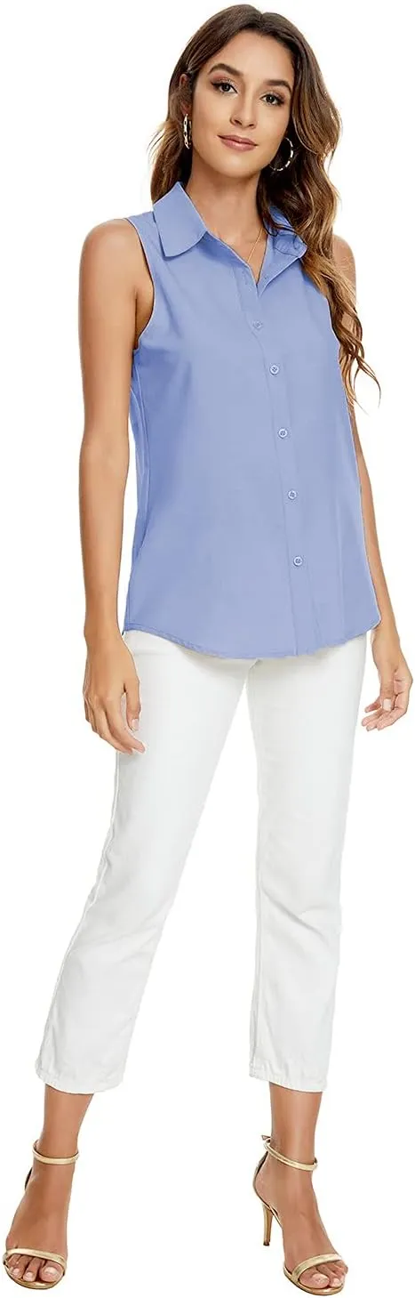 Womens Sleeveless Button Down Shirt Blouse Office Work Casual Classic Collar Shirts