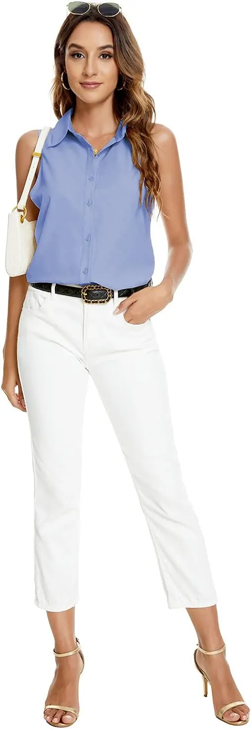 Womens Sleeveless Button Down Shirt Blouse Office Work Casual Classic Collar Shirts
