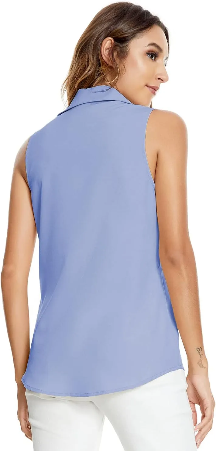 Womens Sleeveless Button Down Shirt Blouse Office Work Casual Classic Collar Shirts
