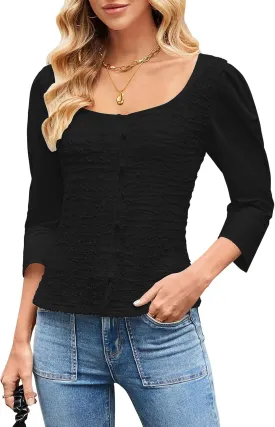 Womens Smocked Cardigan Tops 3/4 Sleeve Button Down Casual Blouse Shirt