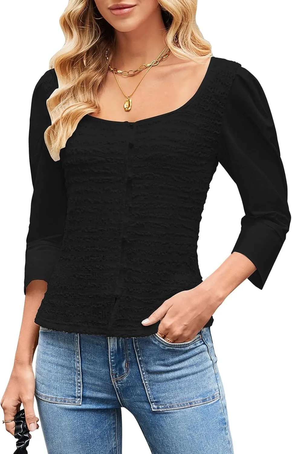 Womens Smocked Cardigan Tops 3/4 Sleeve Button Down Casual Blouse Shirt