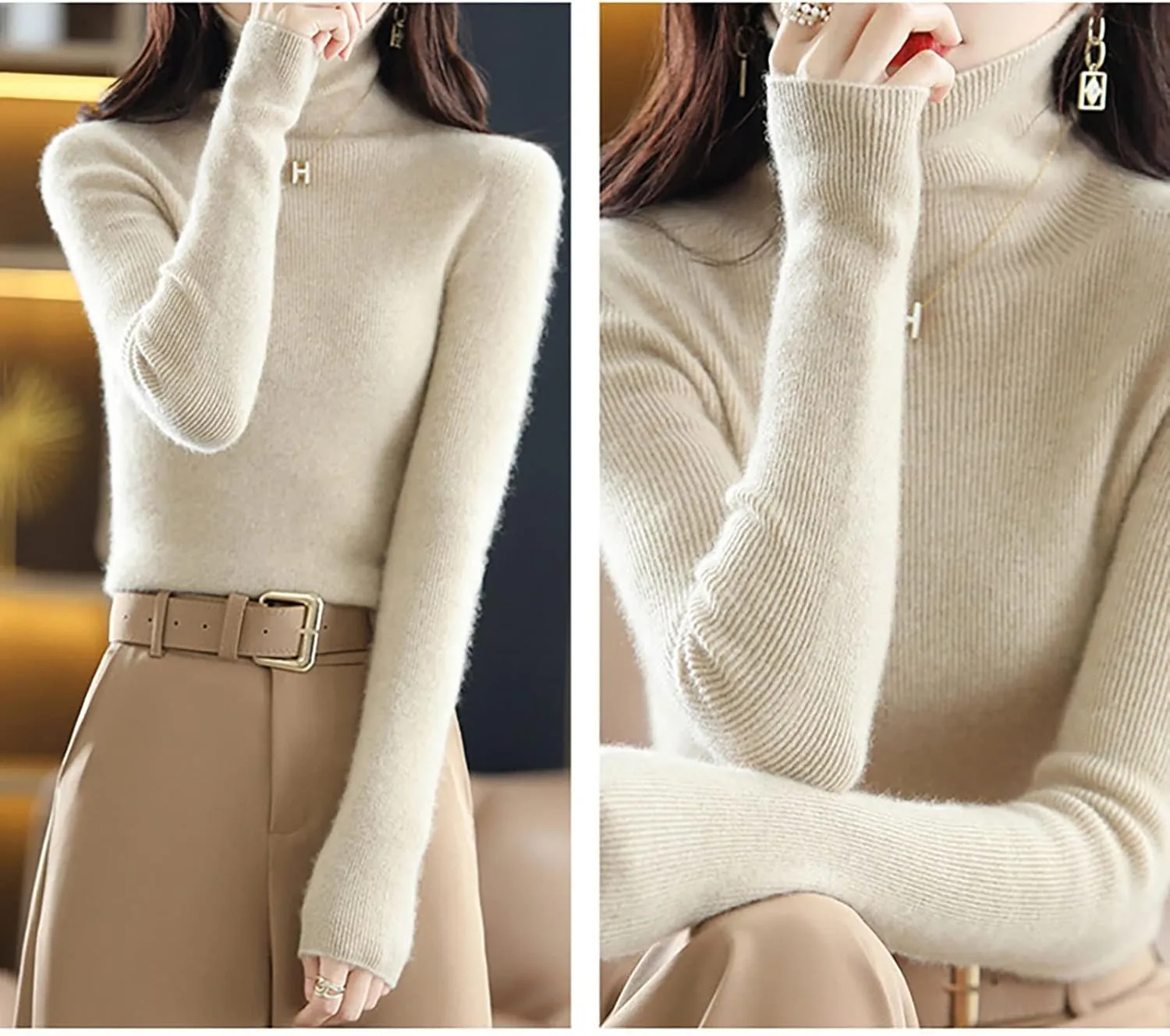 Women's Turtleneck 100% Wool Sweater Fall Winter Long Sleeve Warm Soft Knitted Pullover (Color : Raw Velvet Apricot, Size : X-Large)