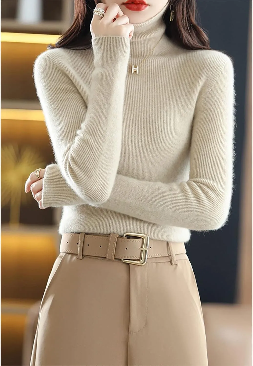 Women's Turtleneck 100% Wool Sweater Fall Winter Long Sleeve Warm Soft Knitted Pullover (Color : Raw Velvet Apricot, Size : X-Large)