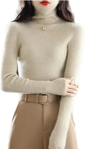 Women's Turtleneck 100% Wool Sweater Fall Winter Long Sleeve Warm Soft Knitted Pullover (Color : Raw Velvet Apricot, Size : X-Large)