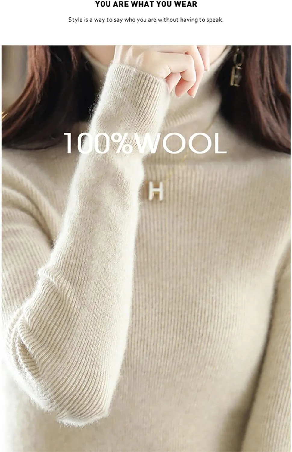 Women's Turtleneck 100% Wool Sweater Fall Winter Long Sleeve Warm Soft Knitted Pullover (Color : Raw Velvet Apricot, Size : X-Large)