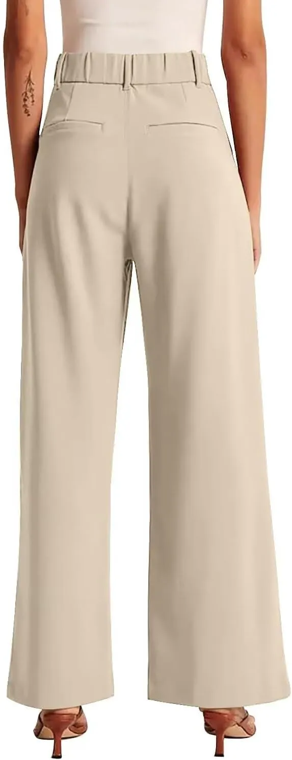 Women's Wide Leg Formal Pants Elastic Waist Business Casual Suit Pants with Pockets Fashion Trousers