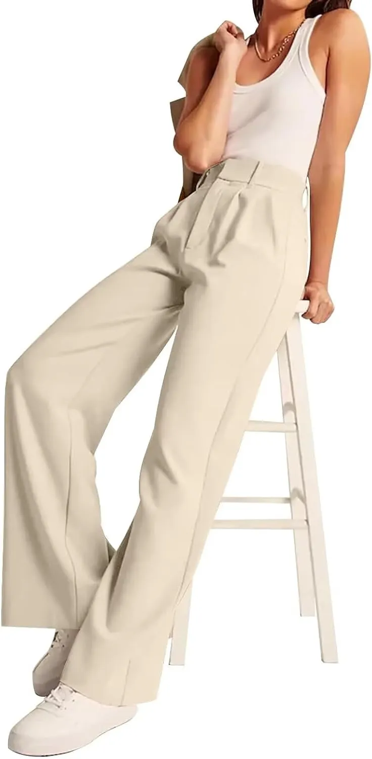 Women's Wide Leg Formal Pants Elastic Waist Business Casual Suit Pants with Pockets Fashion Trousers