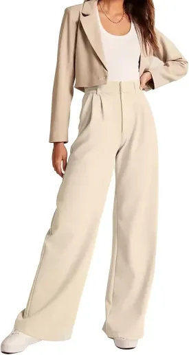 Women's Wide Leg Formal Pants Elastic Waist Business Casual Suit Pants with Pockets Fashion Trousers