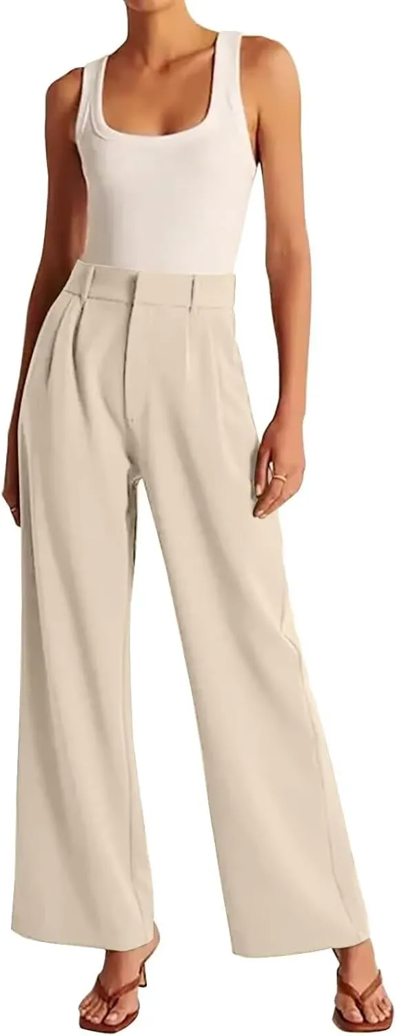 Women's Wide Leg Formal Pants Elastic Waist Business Casual Suit Pants with Pockets Fashion Trousers