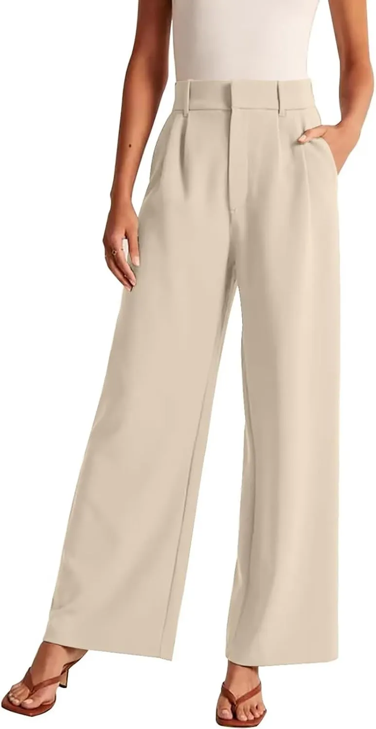 Women's Wide Leg Formal Pants Elastic Waist Business Casual Suit Pants with Pockets Fashion Trousers