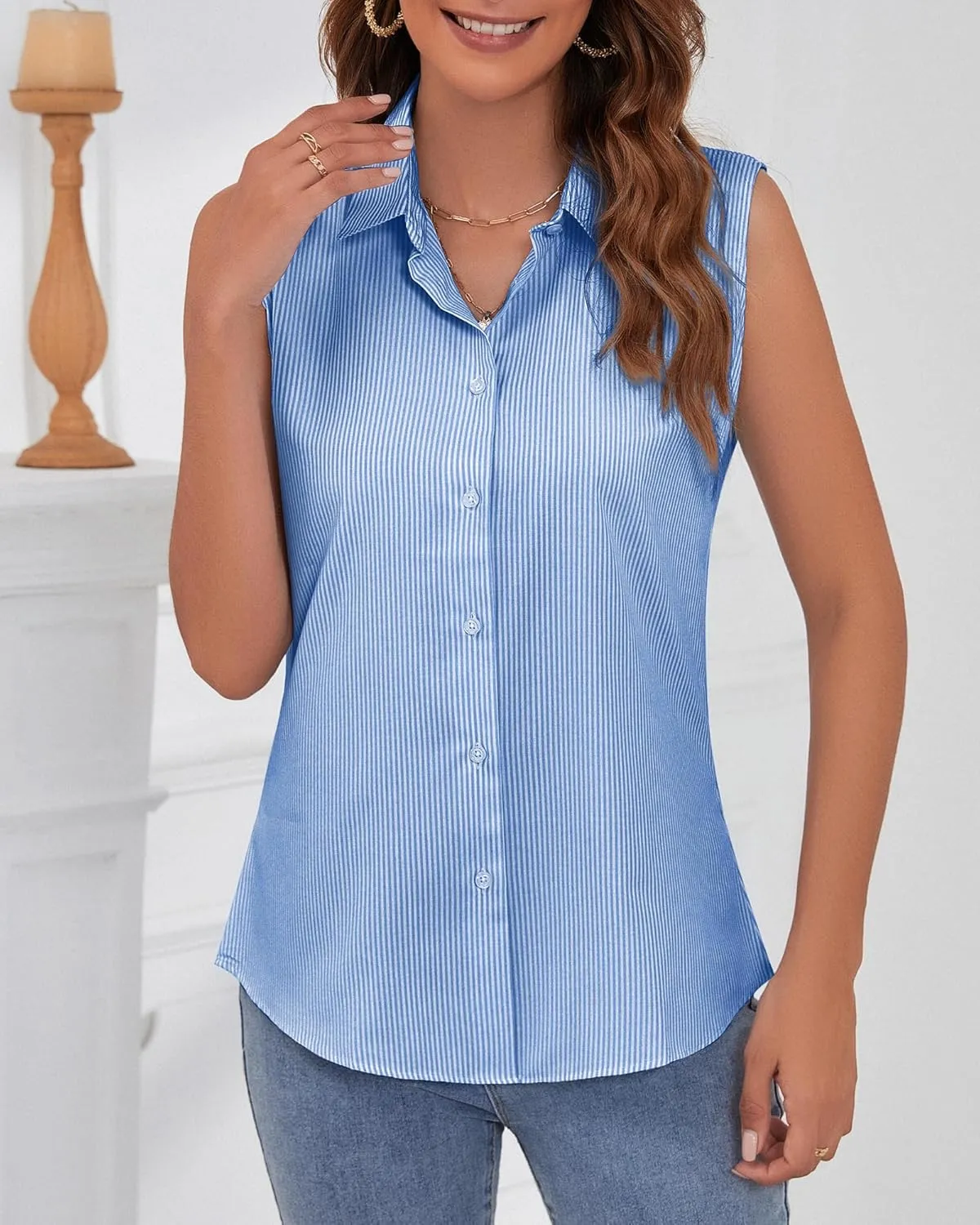 Wrinkle Free Womens Sleeveless Button Down Shirts for Women Stretch Business Office Formal Work Blouses Tops